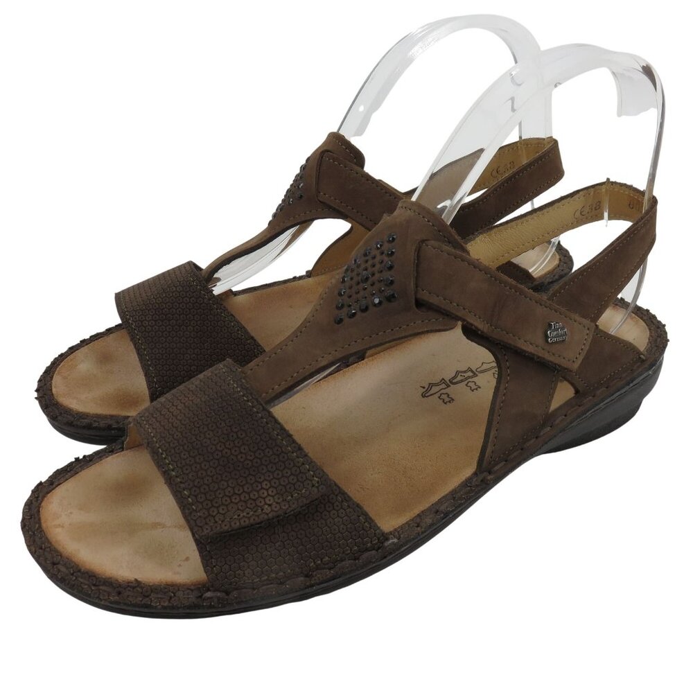 Finn Comfort Women 7.5 US 38 EU CALVIA Brown Nubuck Leather Rhinestone Sandals